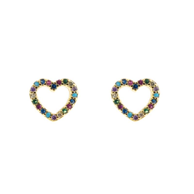 Orecchini di moda europei e americani in rame micro-intarsiato color zircone orecchini arcobaleno placcato oro hip-hop orecchini da donna a forma di cuore hip-hop