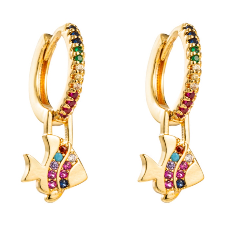 Orecchini di moda europei e americani Serie Rainbow Serie Piccola forma di pesce Orecchini Orecchini in ottone Orecchini a colori micro-intaidrati in ottone
